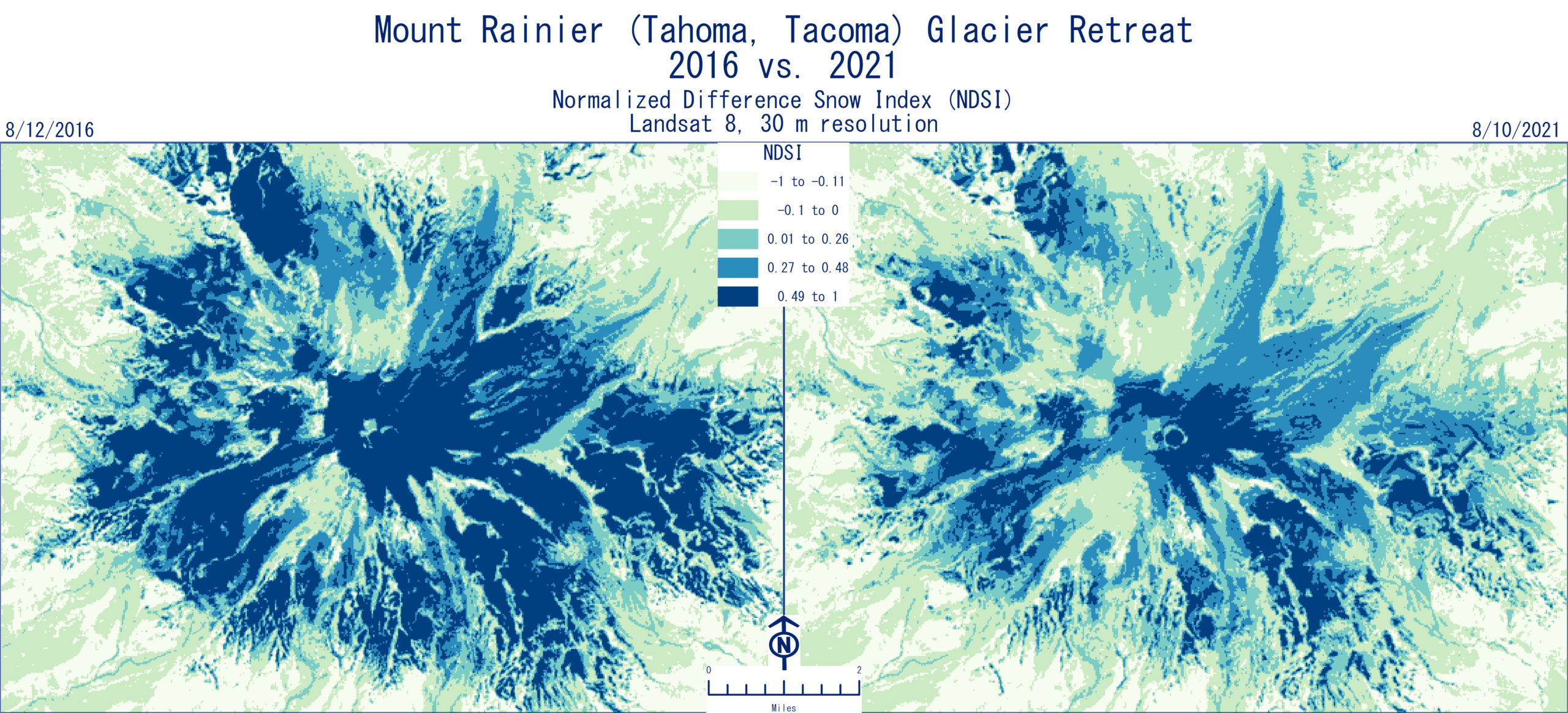 Mount Rainier (Tahoma, Tacoma) Glacier Retreat 2016 vs. 2021, Joe Tayabji